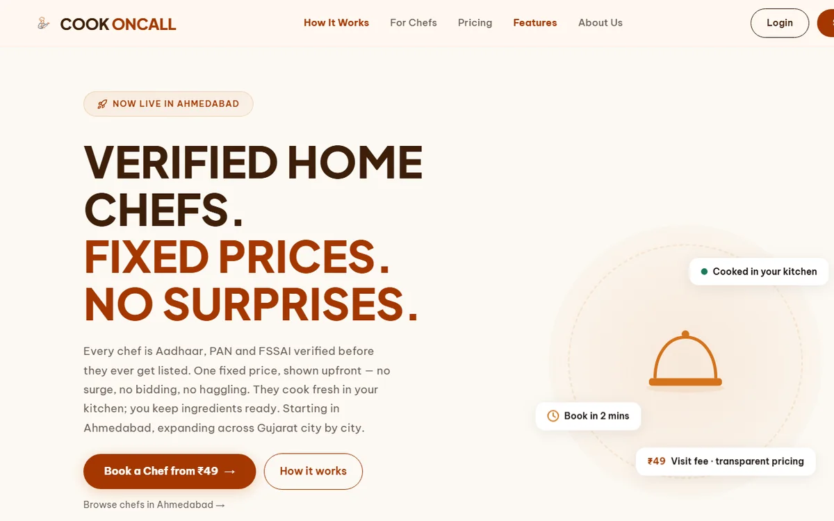 CookOnCall home page: verified home chefs, fixed prices